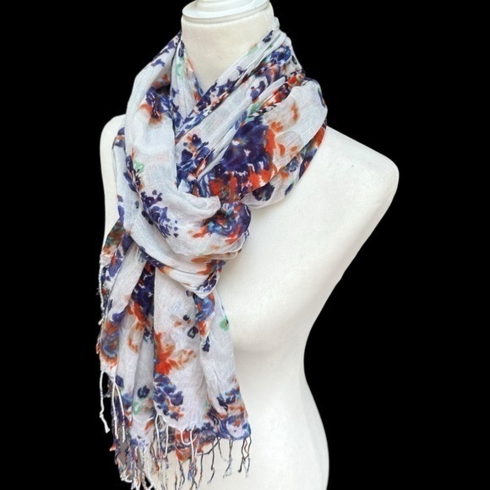 Vivid Multicolor White Floral Fringed Rayon Ladies Wrap Scarf 28” x 72”